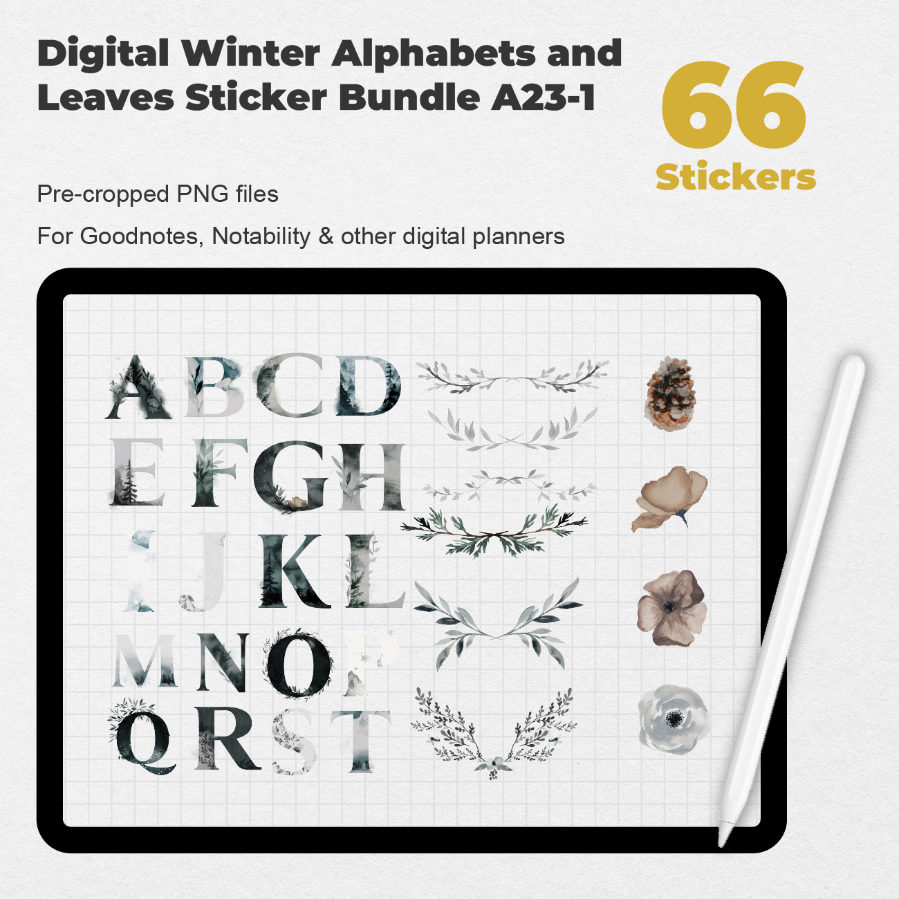 66 Digital Winter Alphabets and Leaves Sticker Bundle - Stationery Pal