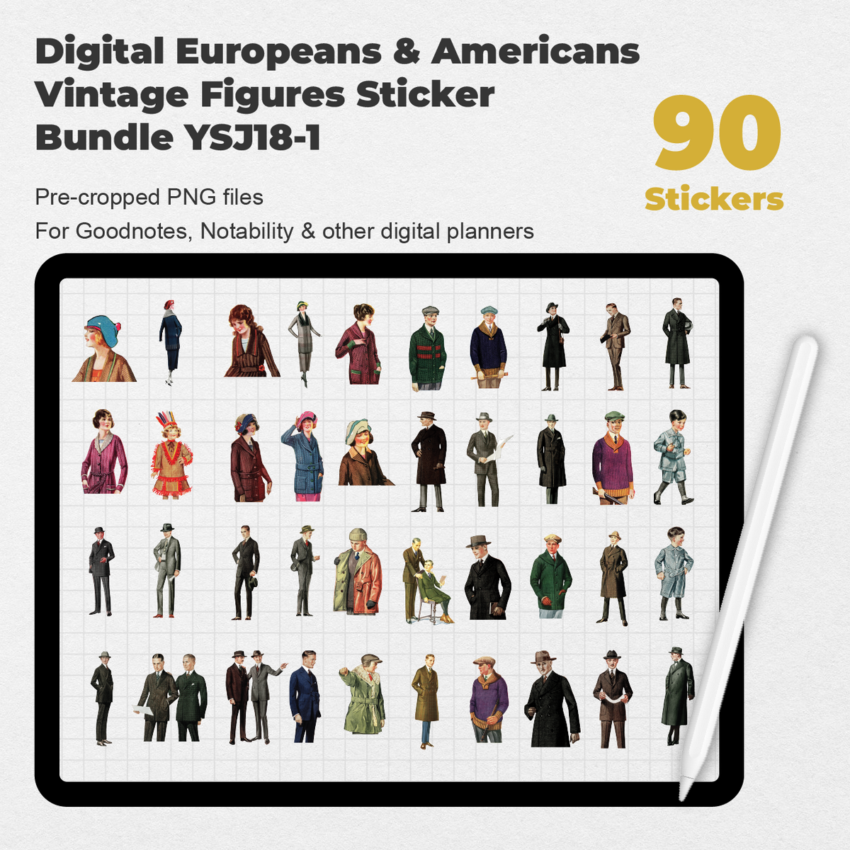 90 Digital Europeans and Americans Vintage Figures Sticker Bundle ...