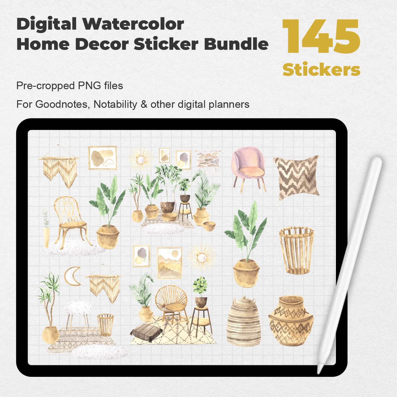 145 Digital Watercolor Home Decor Sticker Bundle - Stationery Pal