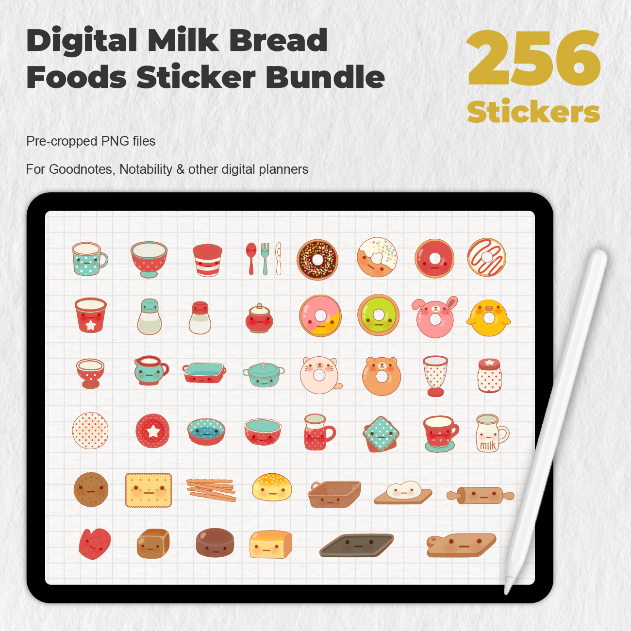 256 Digital Milk Bread Foods Sticker Bundle - Stationery Pal