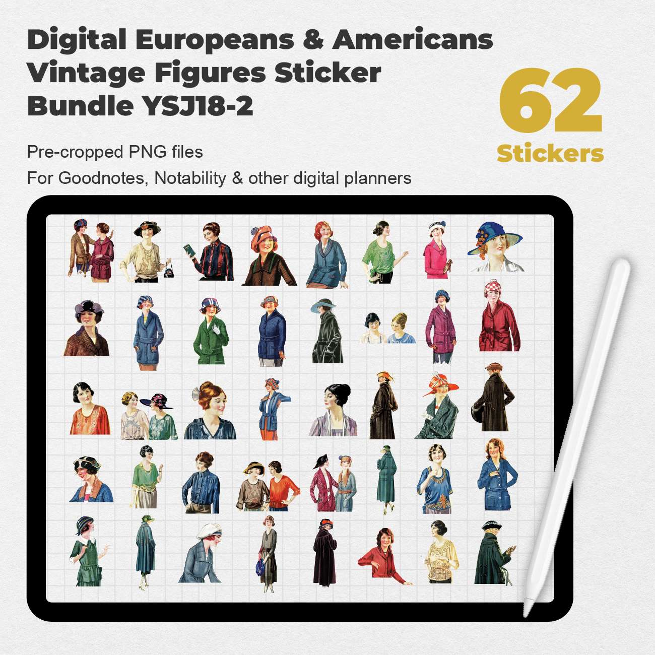 62 Digital Europeans and Americans Vintage Figures Sticker Bundle - Stationery Pal