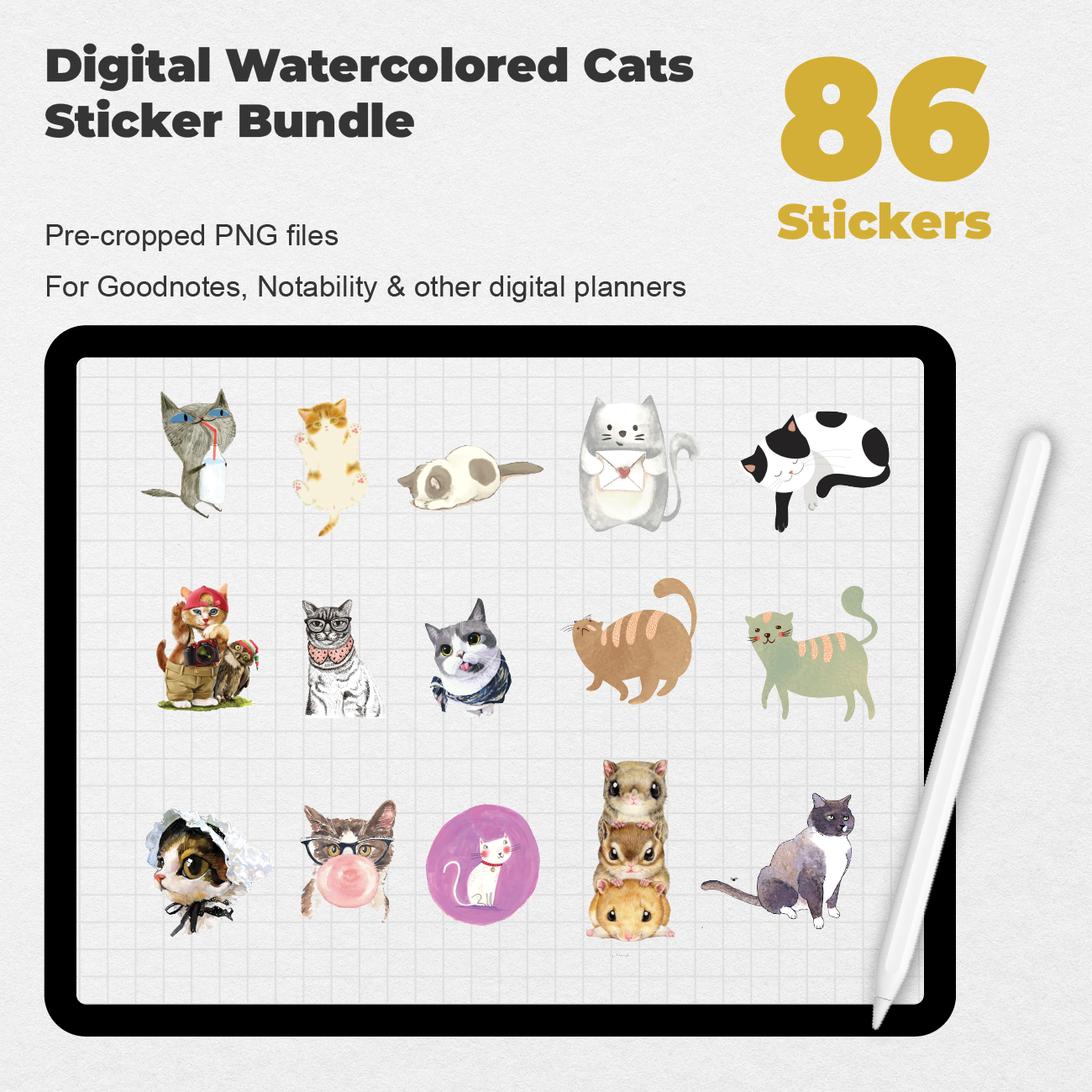86 Digital Watercolored Cats Sticker Bundle - Stationery Pal