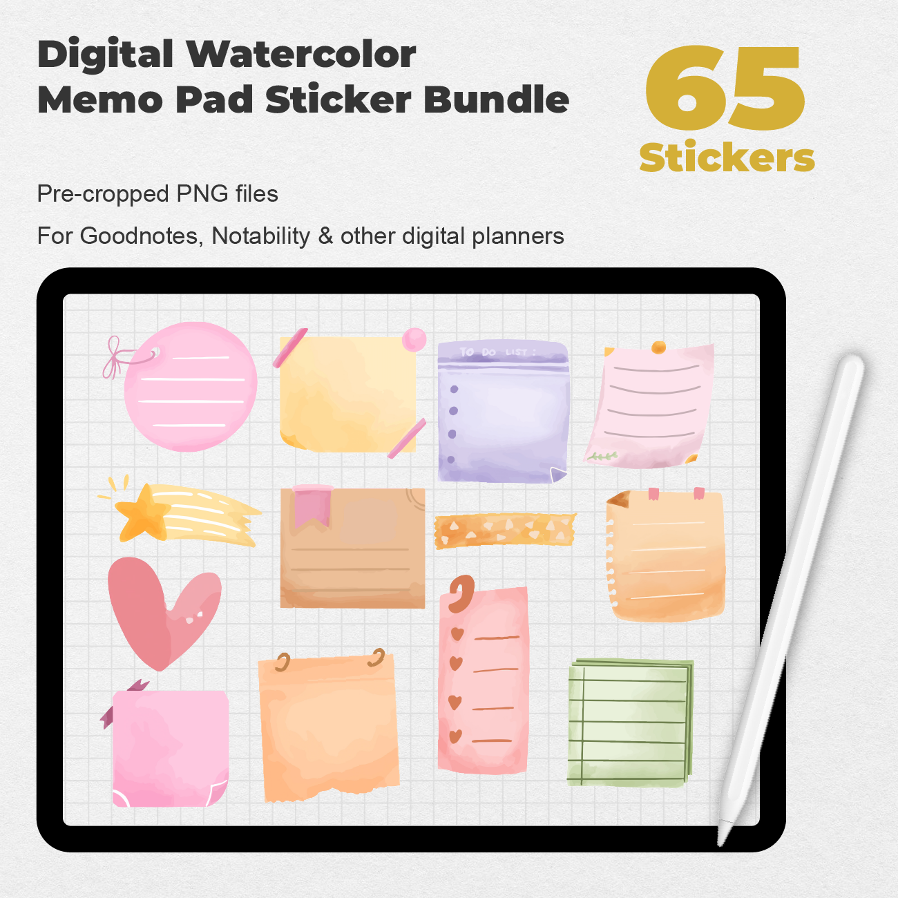 65 Digital Watercolor Memo Pad Sticker Bundle - Stationery Pal