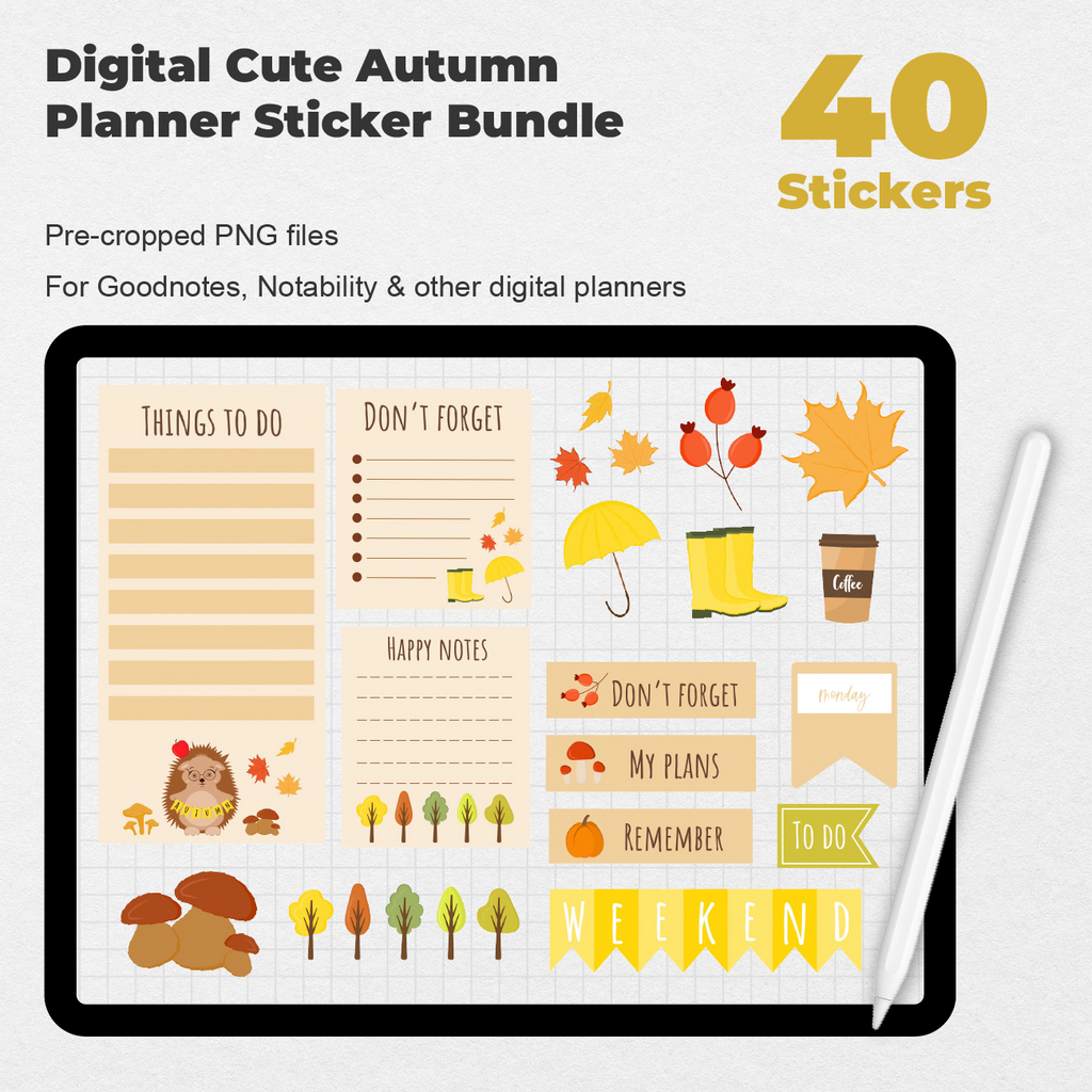 40 Digital Cute Autumn Planner Sticker Bundle