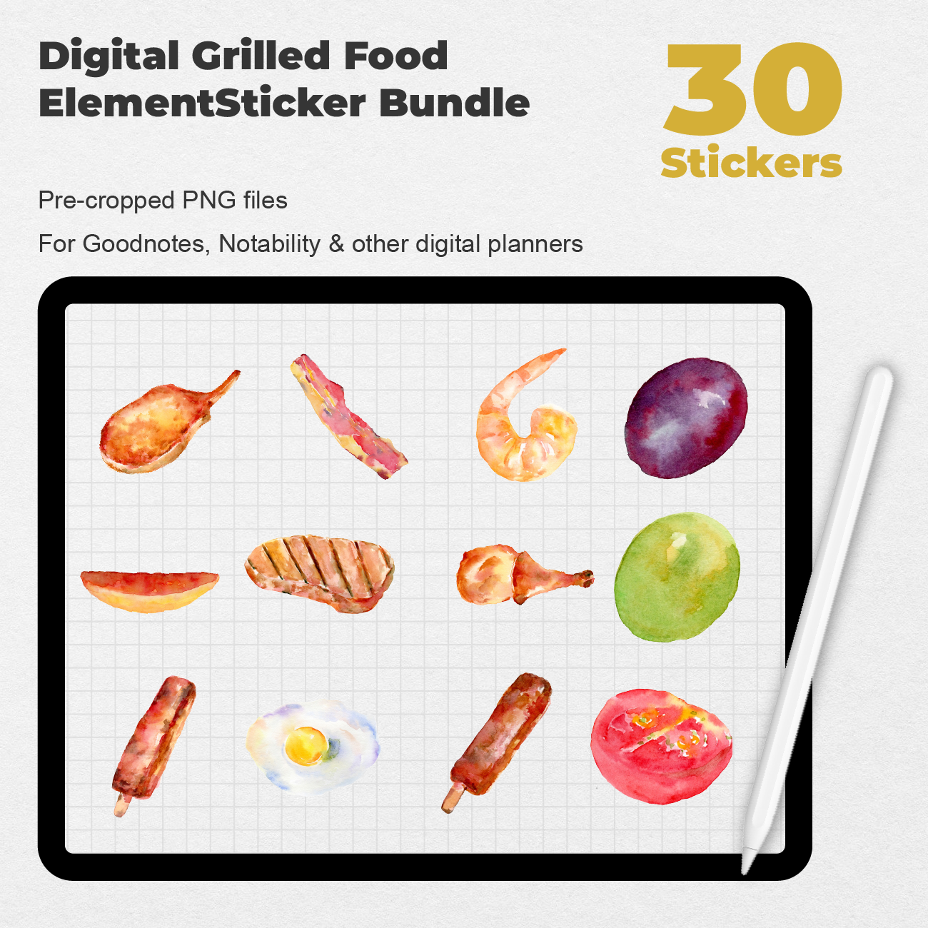 30 Digital Grilled Food Element Sticker Bundle - Stationery Pal