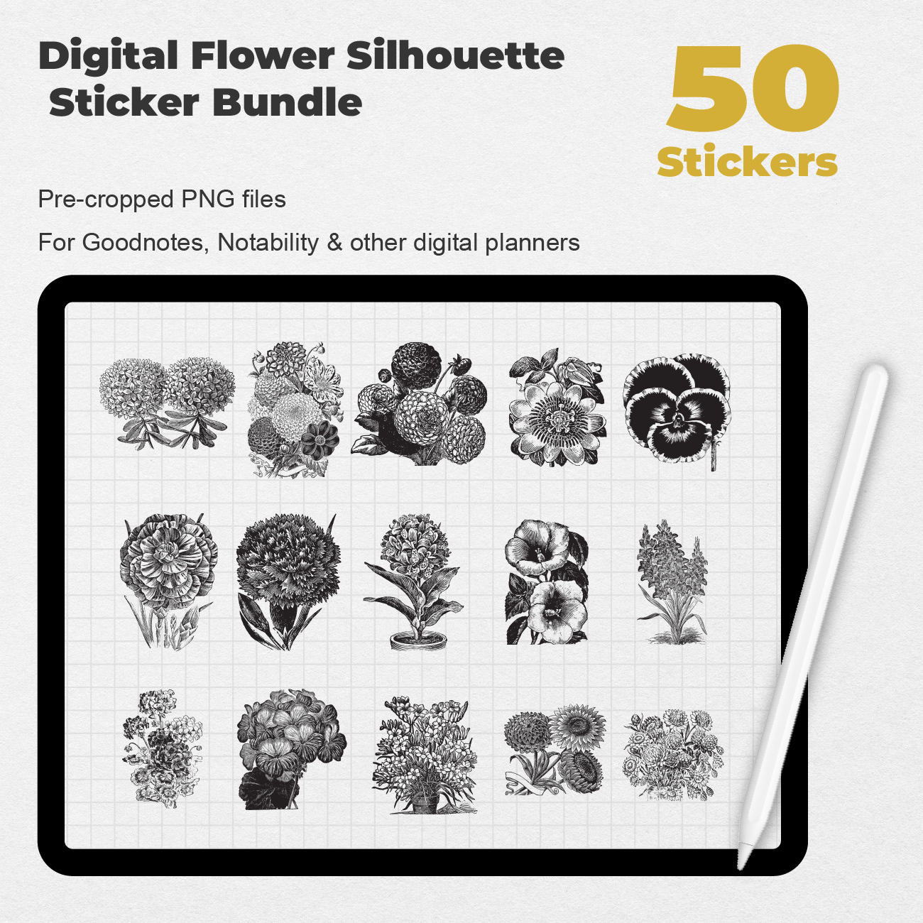 50 Digital Flower Silhouette Sticker Bundle - Stationery Pal