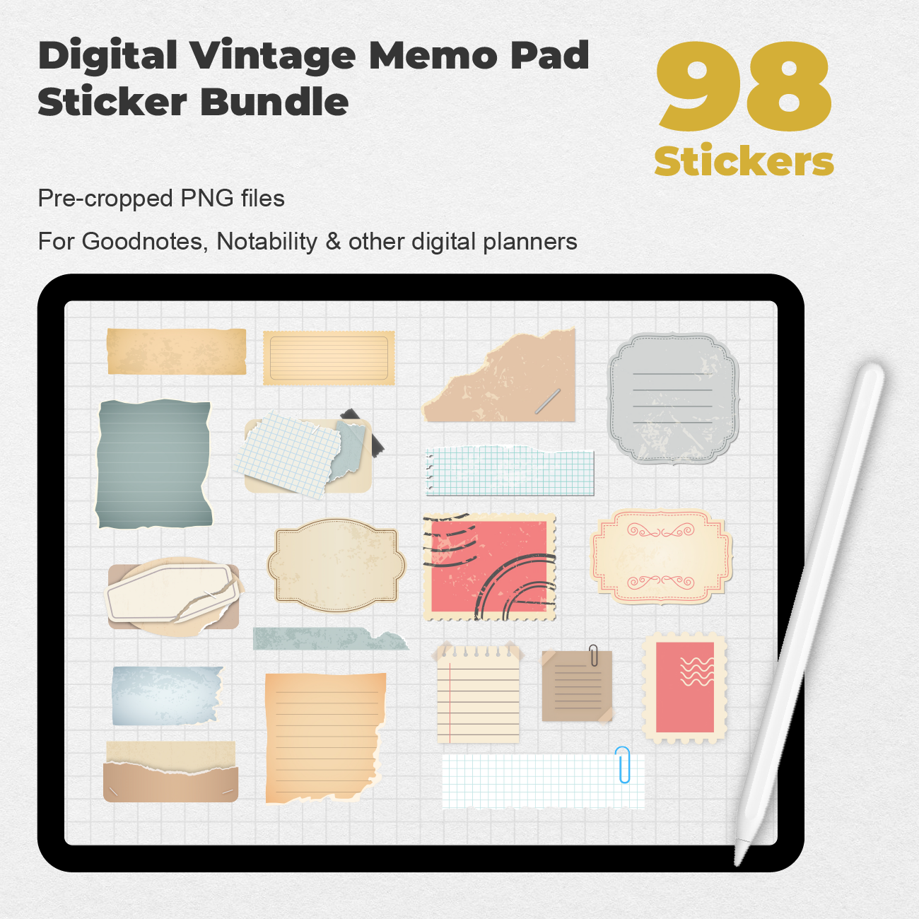 98 Digital Vintage Memo Pad Sticker Bundle - Stationery Pal