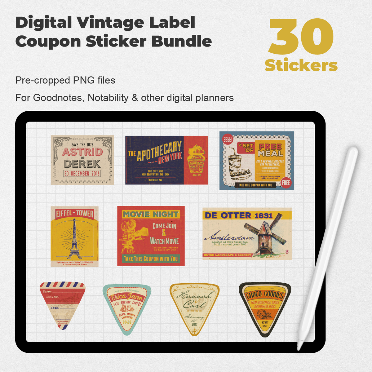 30 Digital Vintage Label Coupon Sticker Bundle — Stationery Pal