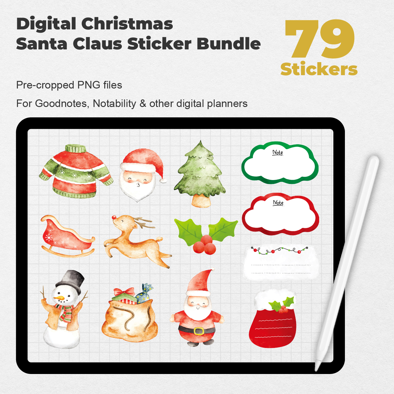 CHRISTMAS Digital Stickers for Goodnotes, Holidays Pre-cropped