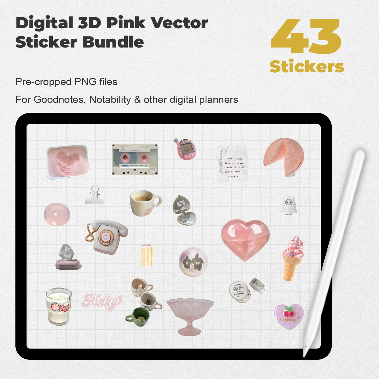 43 Digital 3D Pink Vector Sticker Bundle - Stationery Pal