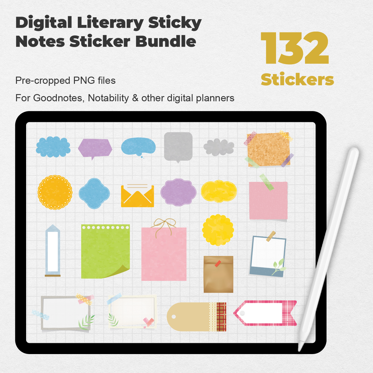 132 Digital Literary Sticky Notes Sticker Bundle - Stationery Pal