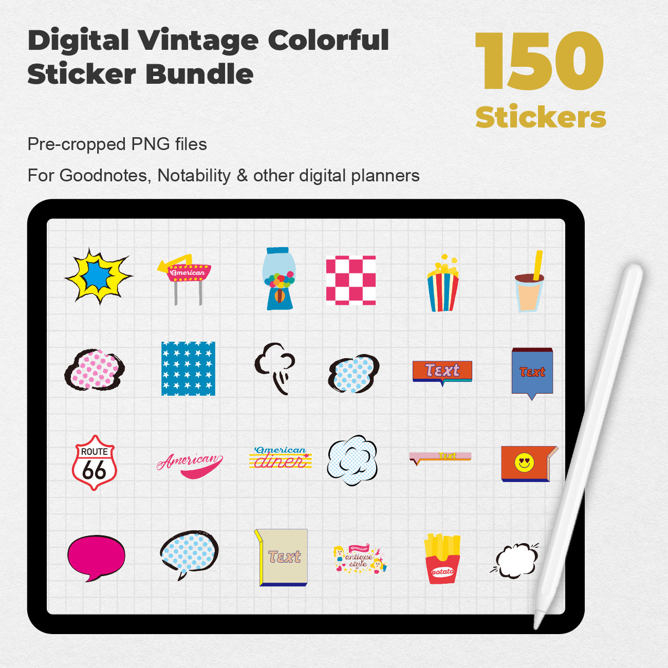 150 Digital Vintage Colorful Sticker Bundle - Stationery Pal