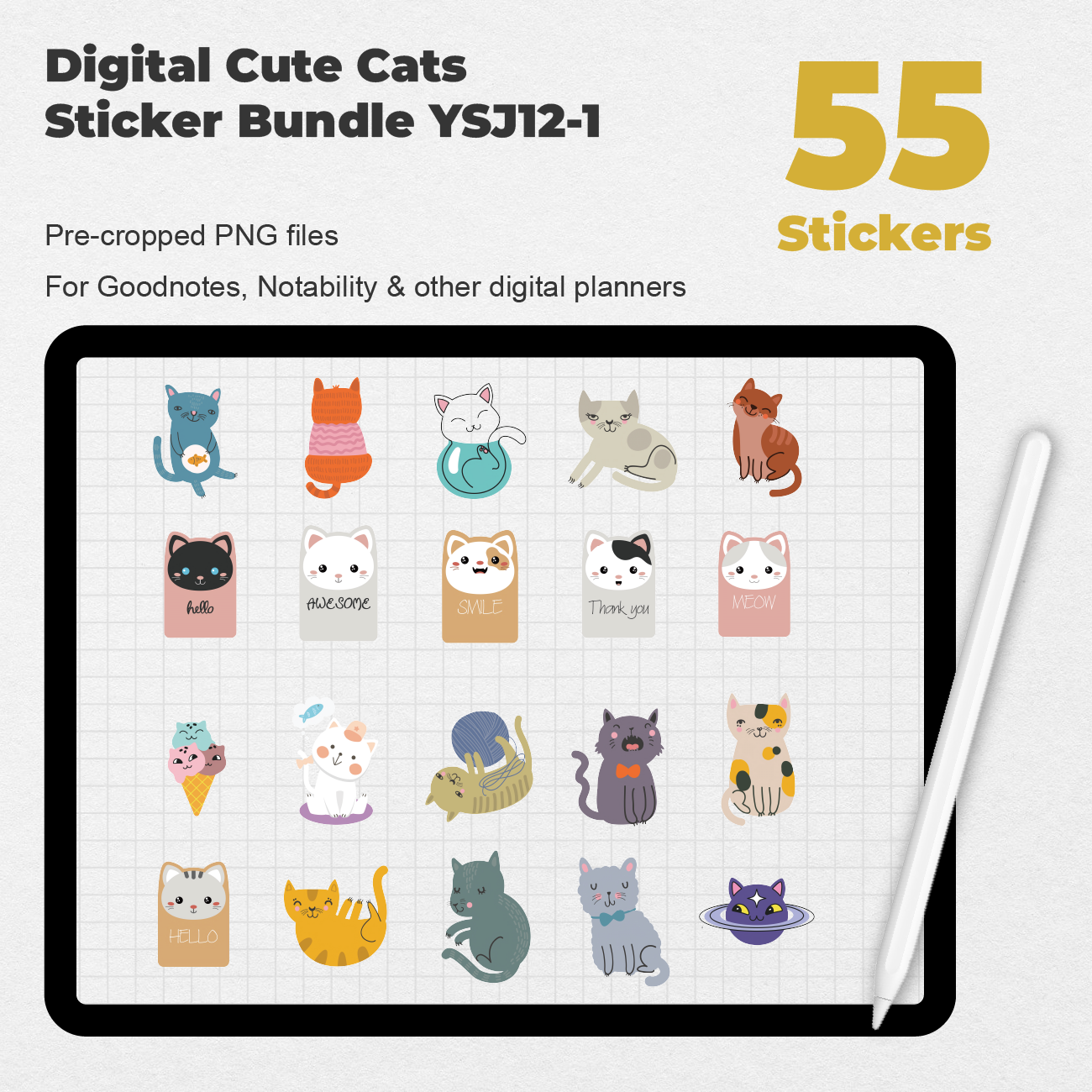 55 Digital Cute Cats Sticker Bundle - Stationery Pal
