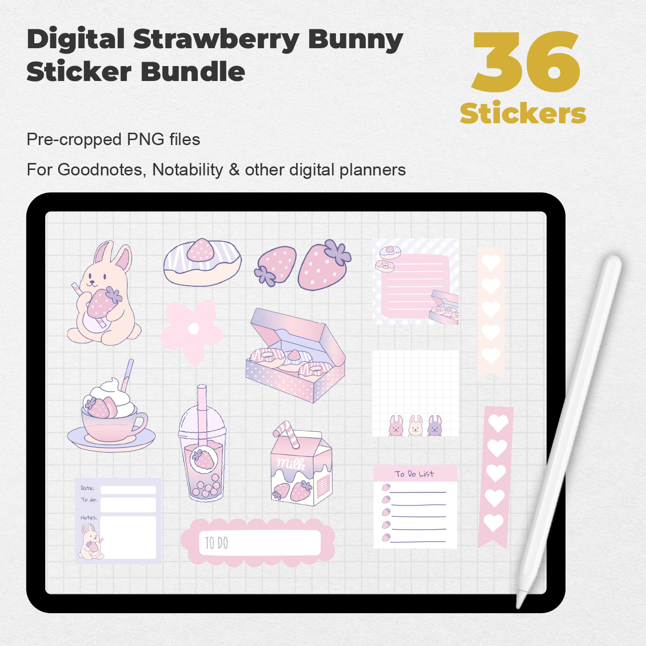 36 Digital Strawberry Bunny Sticker Bundle - Stationery Pal