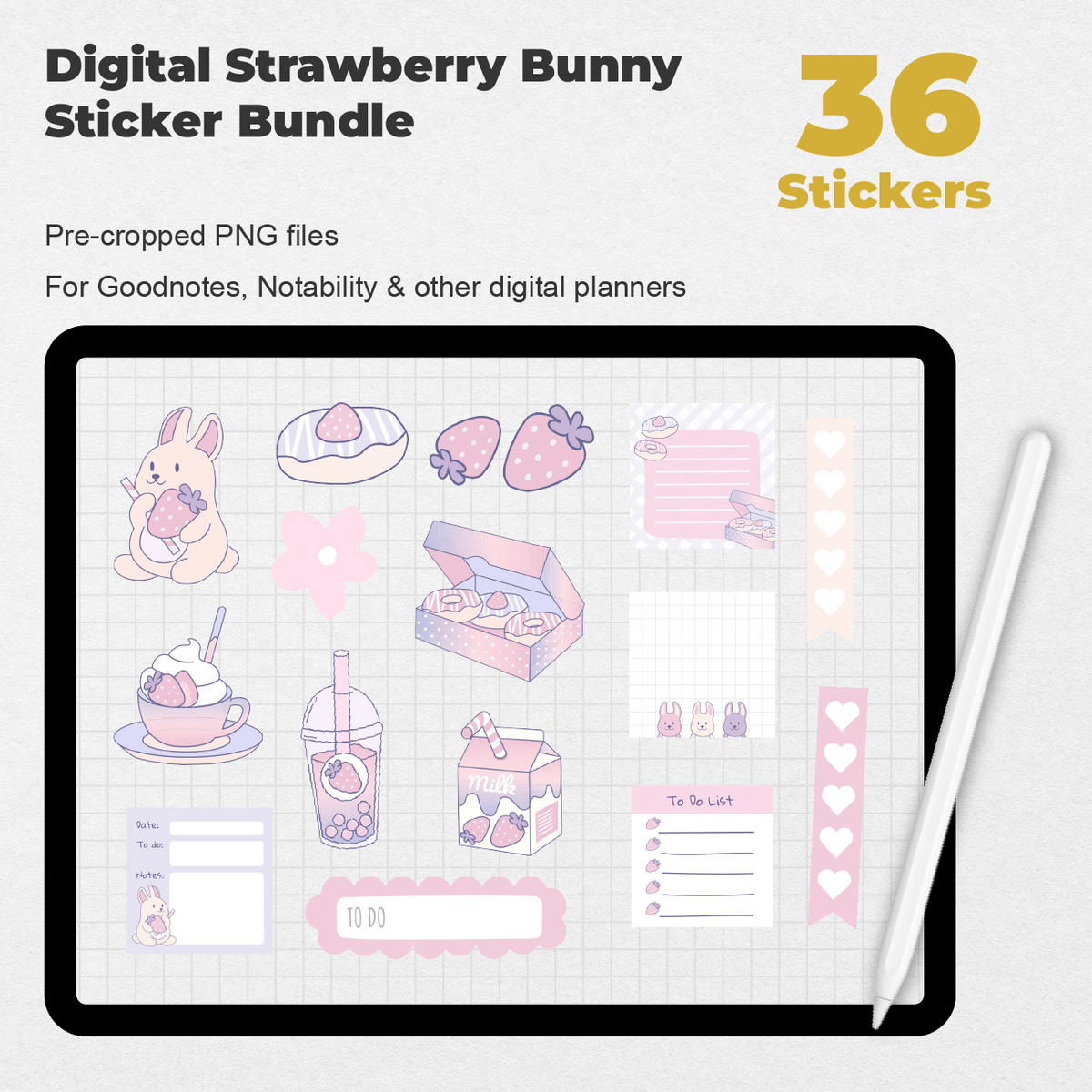 Strawberry Bunny (Part Two) Sticker Sheet - Printable DIGITAL File ||  Printable Stickers | Cute Planner Stickers | Journal Kawaii Stickers