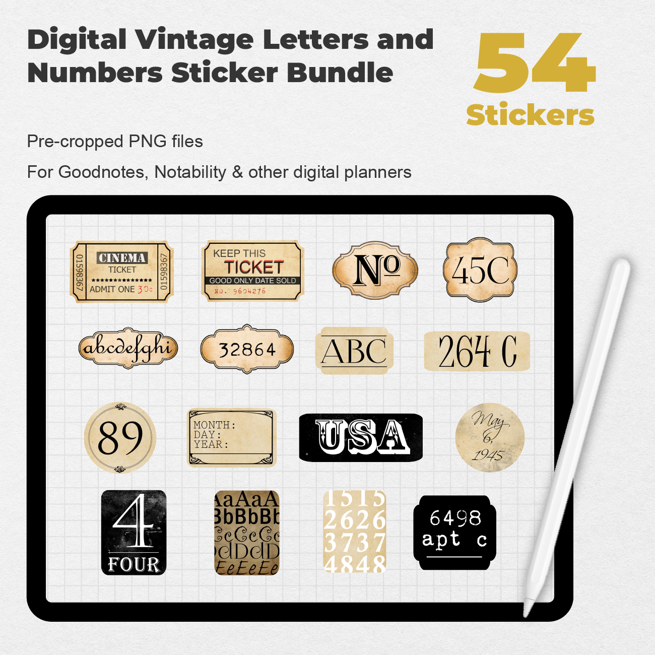 54 Digital Vintage Letters and Numbers Sticker Bundle - Stationery Pal
