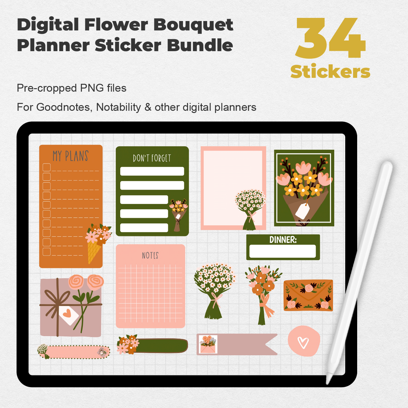34 Digital Flower Bouquet Planner Sticker Bundle - Stationery Pal