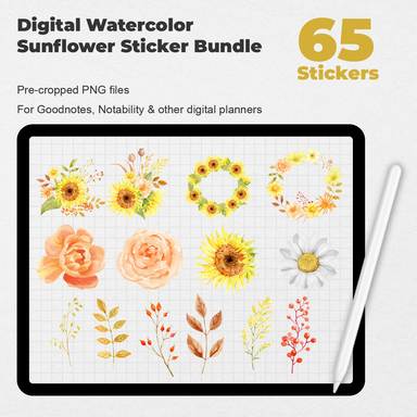 65 Digital Watercolor Sunflower Sticker Bundle - Stationery Pal