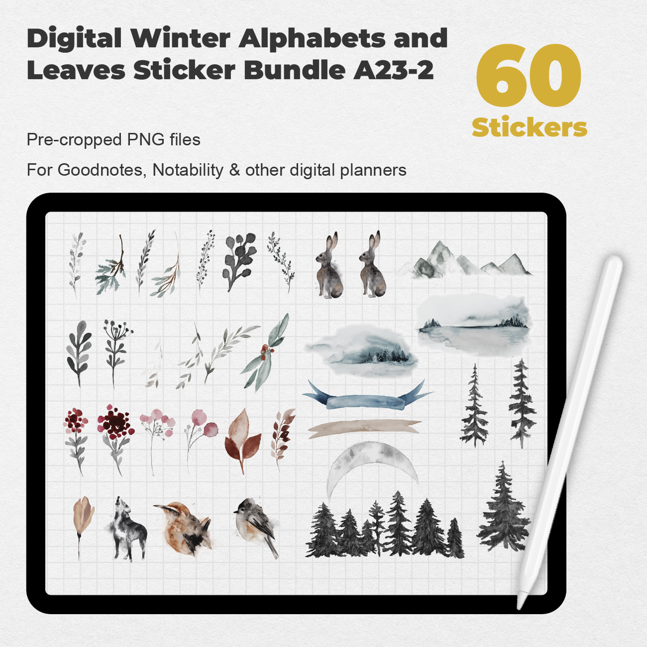 60 Digital Winter Alphabets and Leaves Sticker Bundle - Stationery Pal