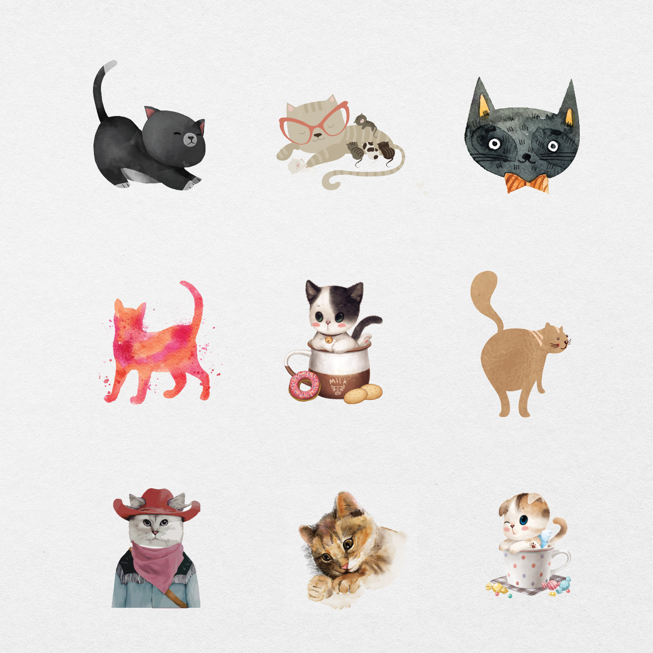 50 Digital Watercolored Cats Sticker Bundle - Stationery Pal