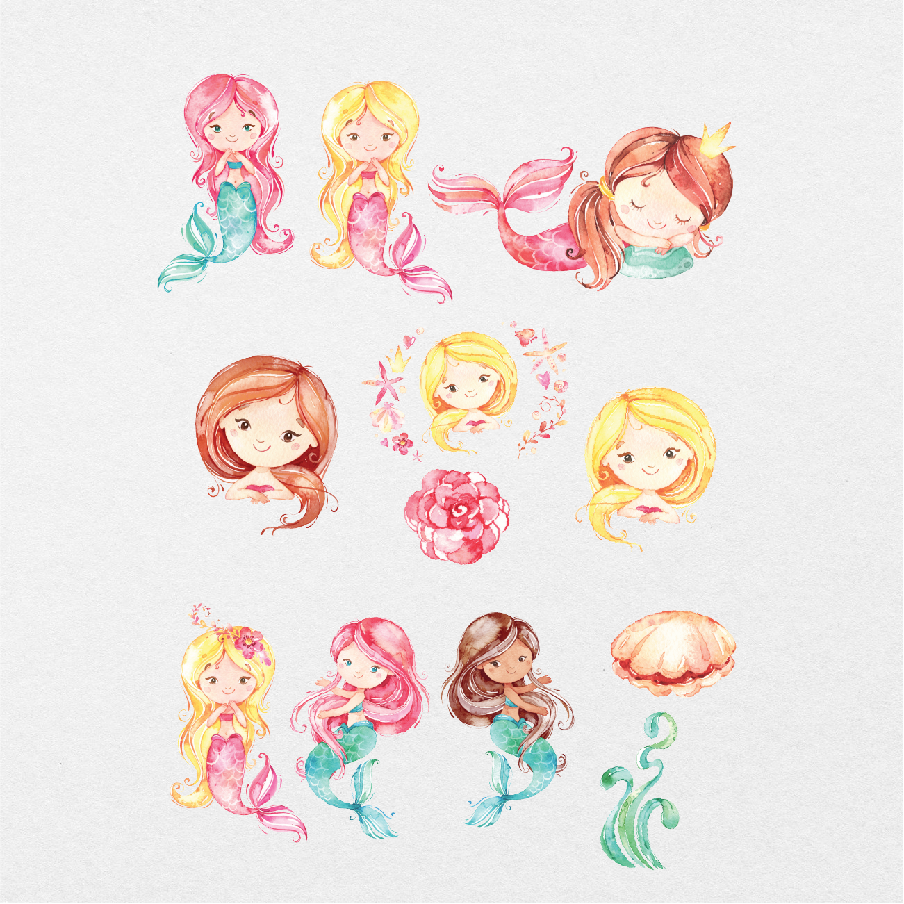 112 Digital Cute Mermaids Sticker Bundle - Stationery Pal
