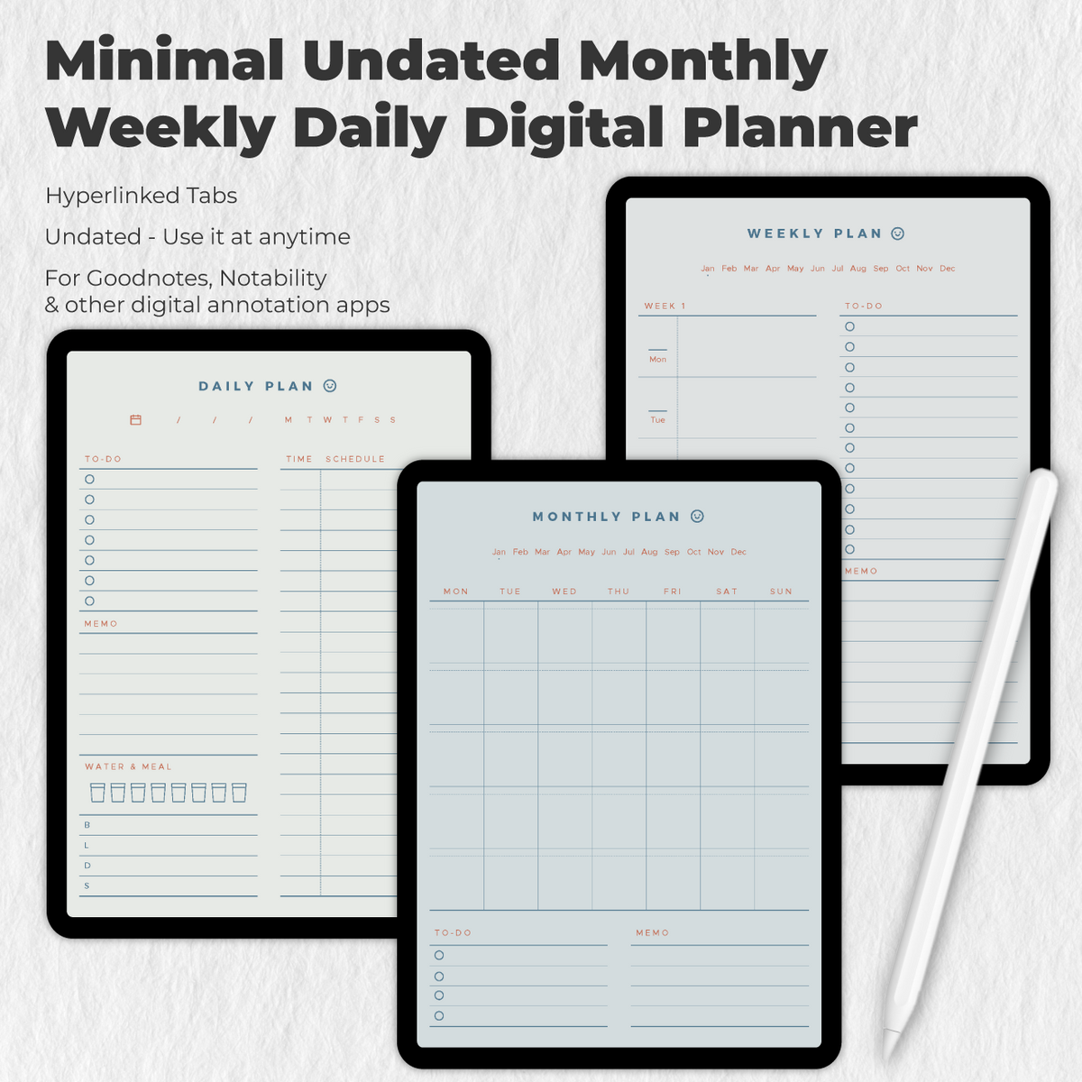 Minimal Undated Monthly Weekly Daily Digital Planner - Blue — Stationery Pal Minimal Undated Monthly Weekly Daily Digital Planner - Blue — Stationery Pal