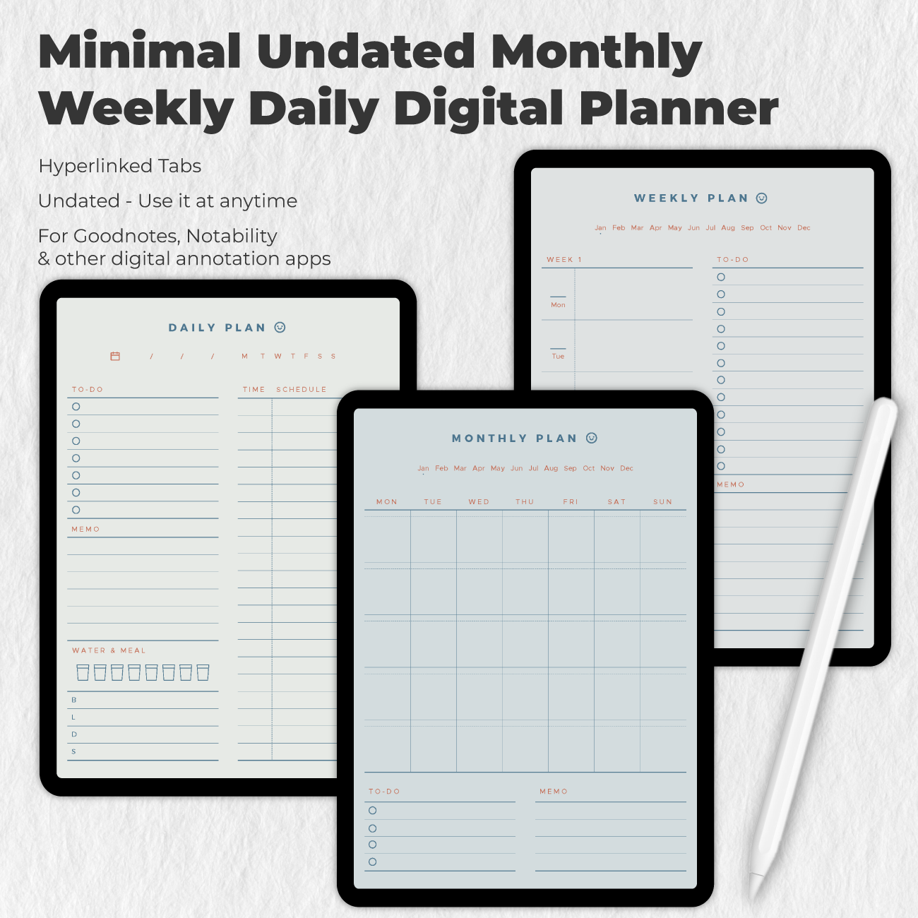 Minimal Undated Monthly Weekly Daily Digital Planner - Blue