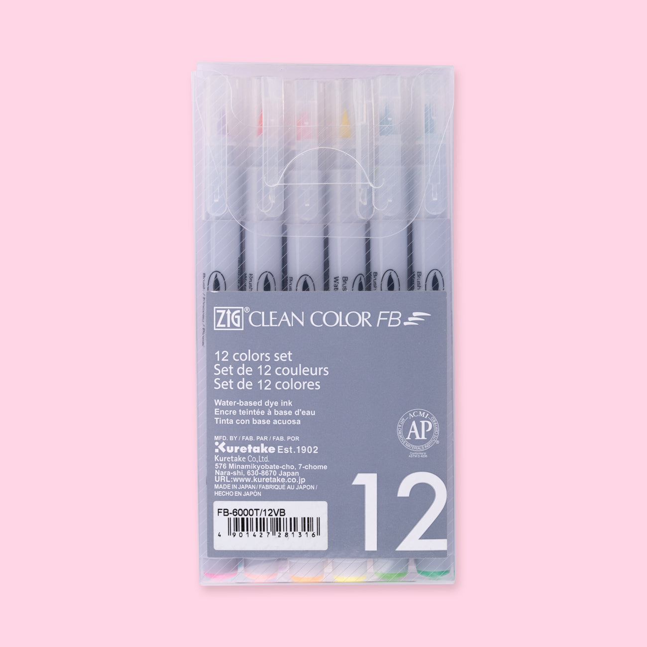 Kuretake ZIG Clean Color FB Felt Tip Brush Pen - 12 Color Set - Bright