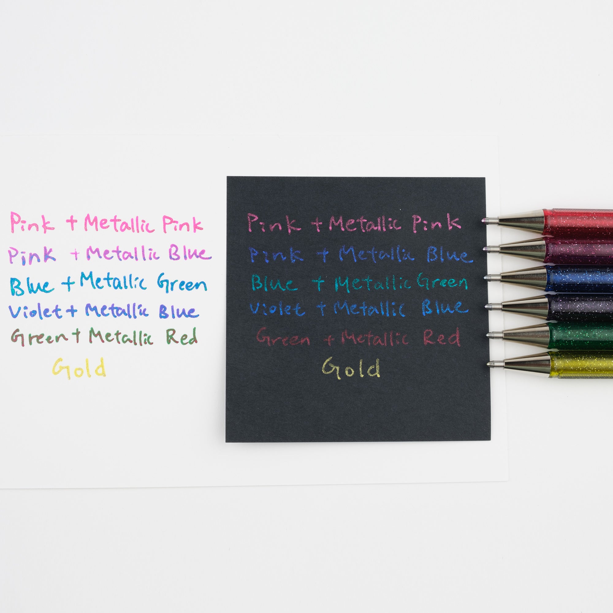 Pentel Hybrid Dual Metallic Gel Pen 1.0mm - 6 Color Set Glittering On White Paper Swatches