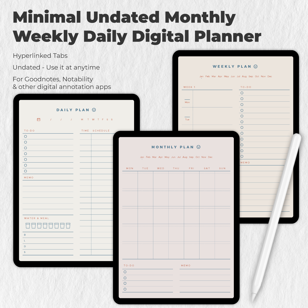 Minimal Undated Monthly Weekly Daily Digital Planner - Pink