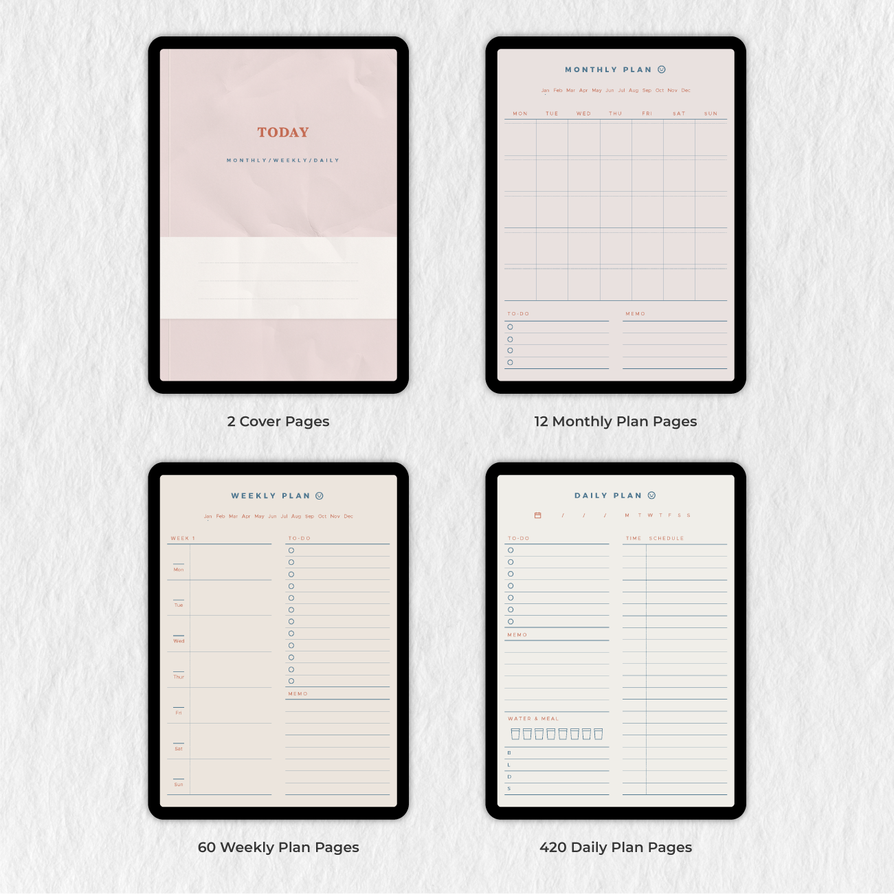 Minimal Undated Monthly Weekly Daily Digital Planner - Pink