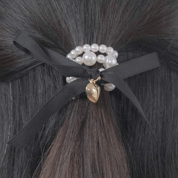 Ribbon Faux Pearl Hair Tie - Black